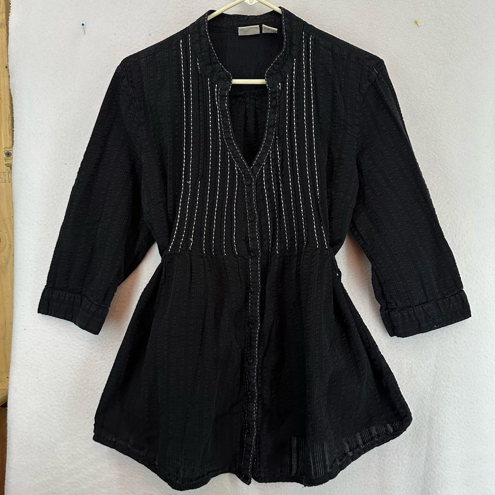 Vintage‎ DCC Embroidered Tunic Blouse Button Womens XL Black